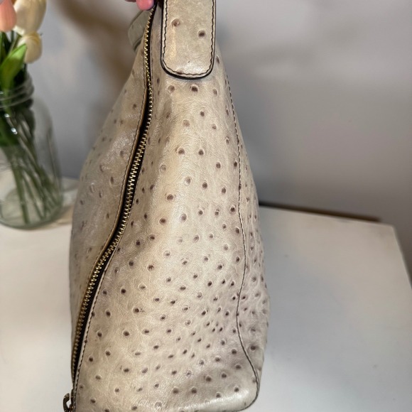 Furla Ostrich Embossed Leather Hobo Shoulder Bag Taupe Gold Zip - Picture 4 of 11